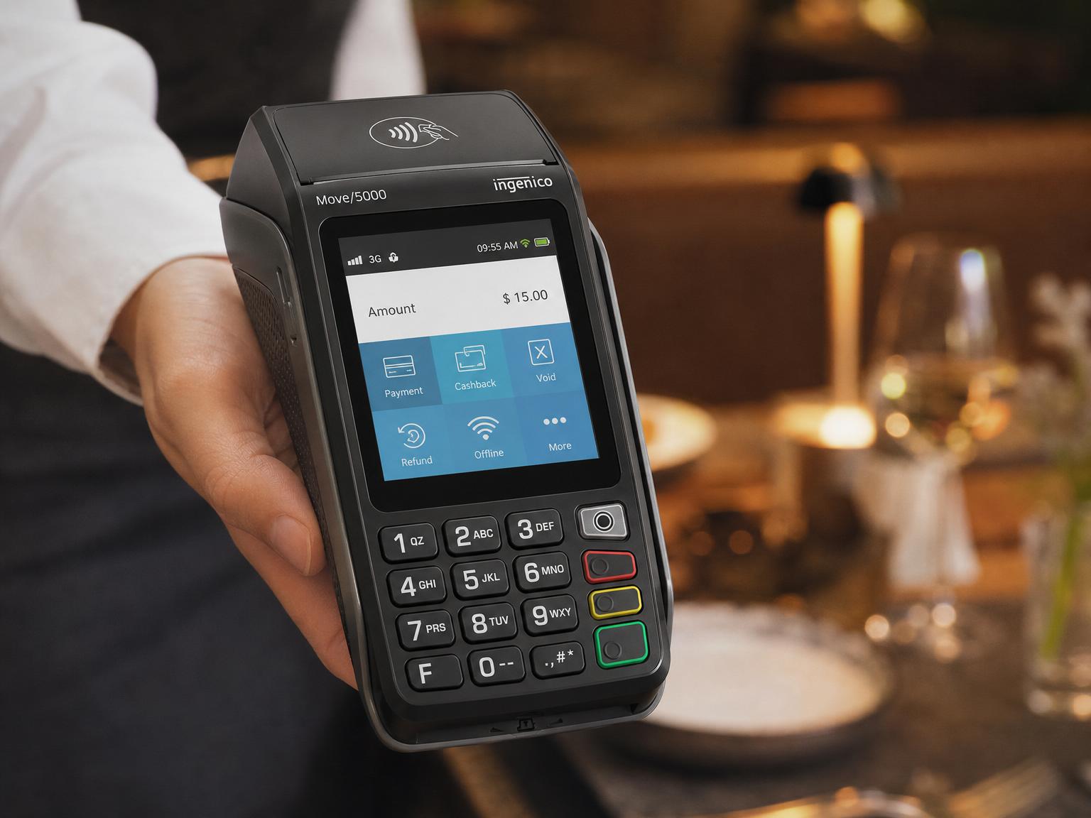 CardPointe Move 5000 wireless handheld payment terminal with built-in receipt printer
