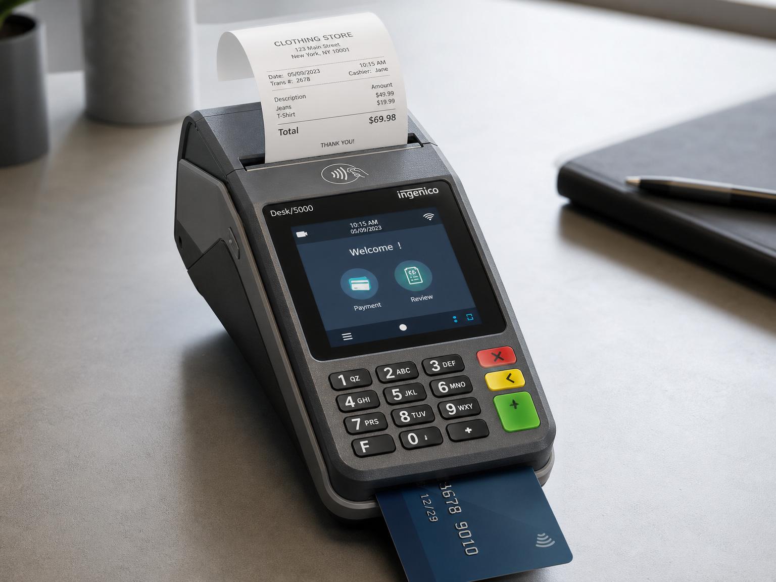 CardPointe Desk 5000 compact desktop payment terminal with built-in printer feeding a receipt