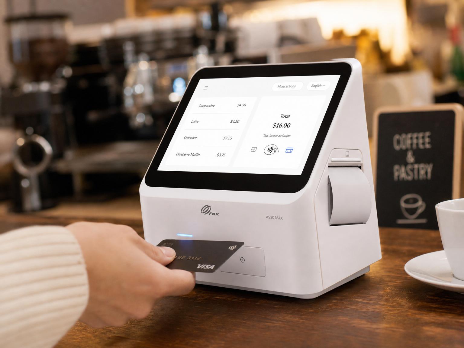 Clover Mini compact countertop point of sale device with customer tapping a contactless card