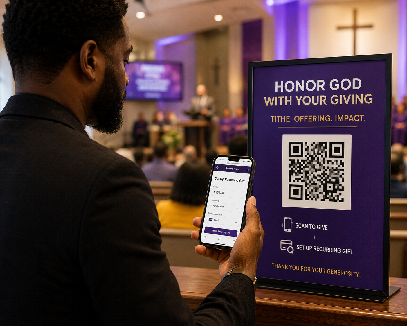 Church member using a QR code to give