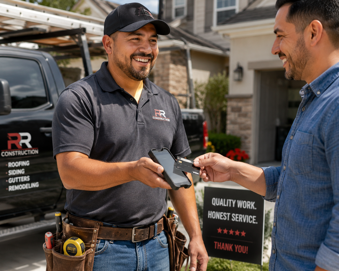 Smiling RR Construction contractor accepting a contactless credit card payment on a handheld terminal at a customer's home