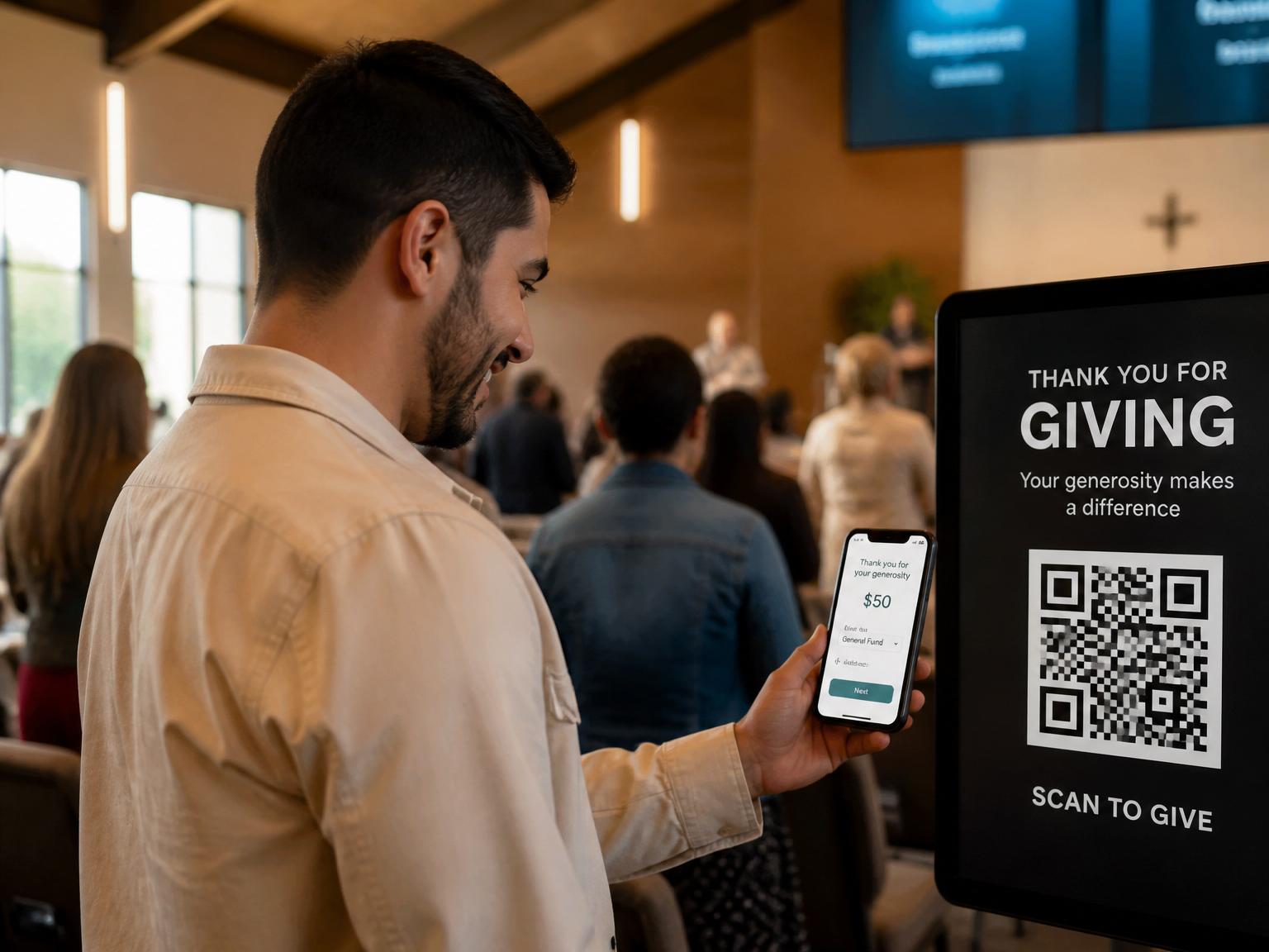 Congregant in a modern sanctuary scanning a giving QR code with their smartphone