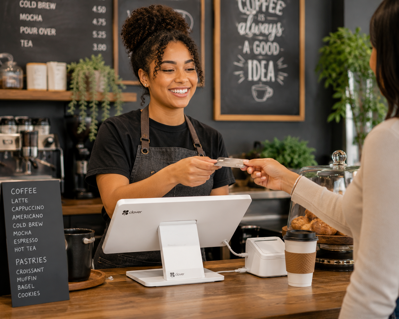 Friendly barista at a cozy Atlanta coffee shop accepting a credit card at a Clover POS terminal