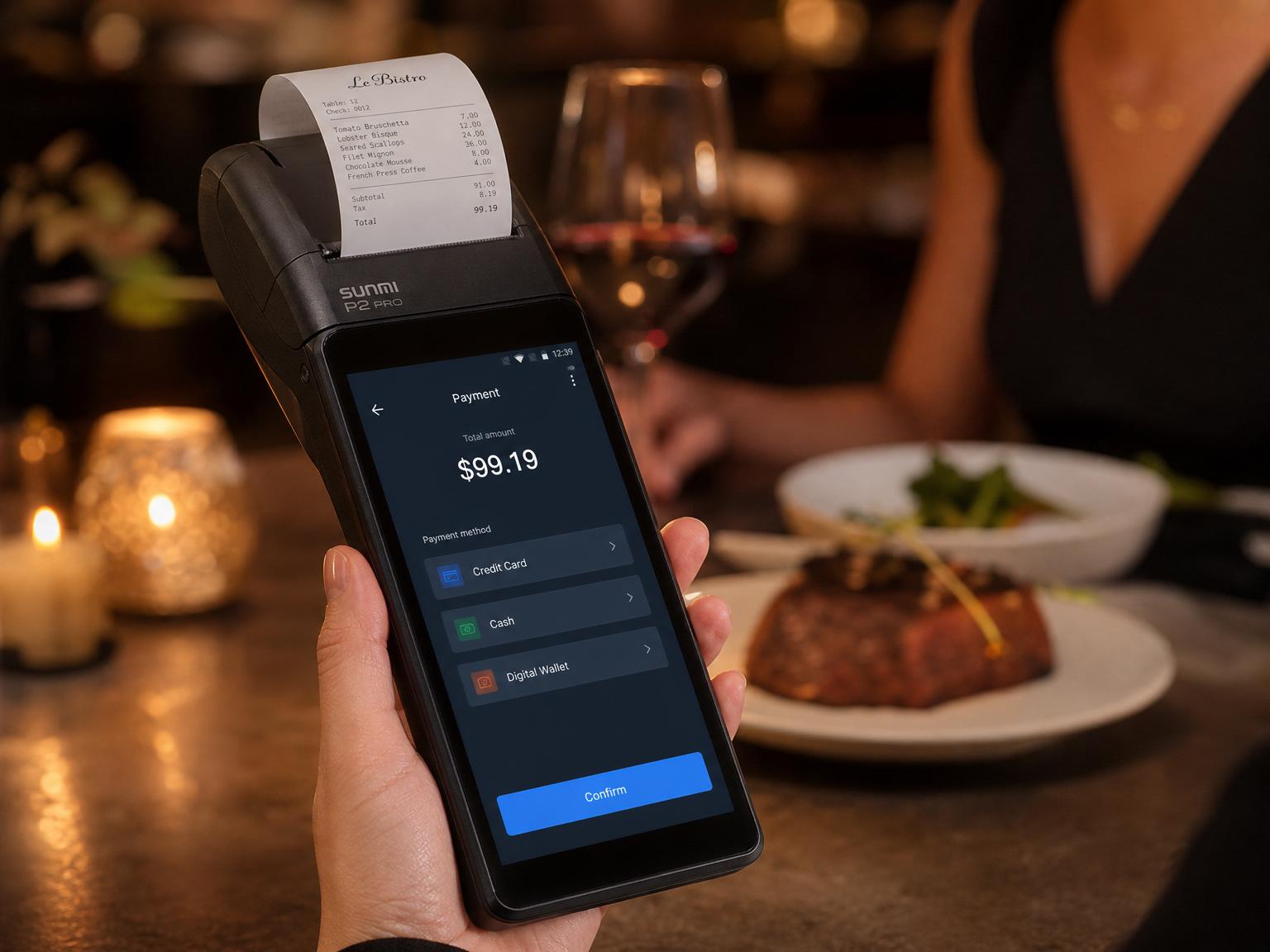 Clover Flex handheld wireless point of sale device held by a restaurant server at a dining table