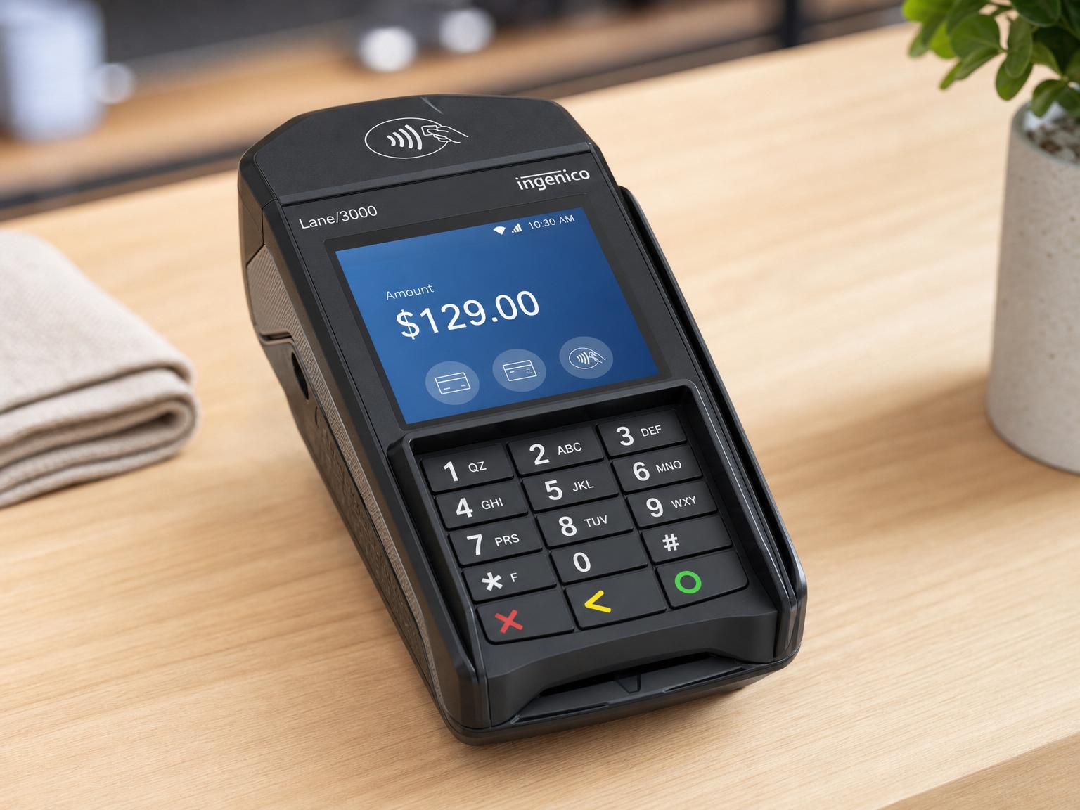 CardPointe Lane 3000 countertop payment terminal with color touchscreen and integrated PIN pad
